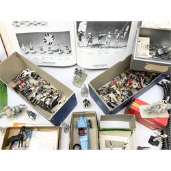 Fifty modern lead figures of mounted and foot soldiers, various period uniforms from 18th century to WW2, painted and unfinished with related paperwork; small quantity of Hornby '00' gauge model railway items and track; and four boxed Subbuteo teams etc