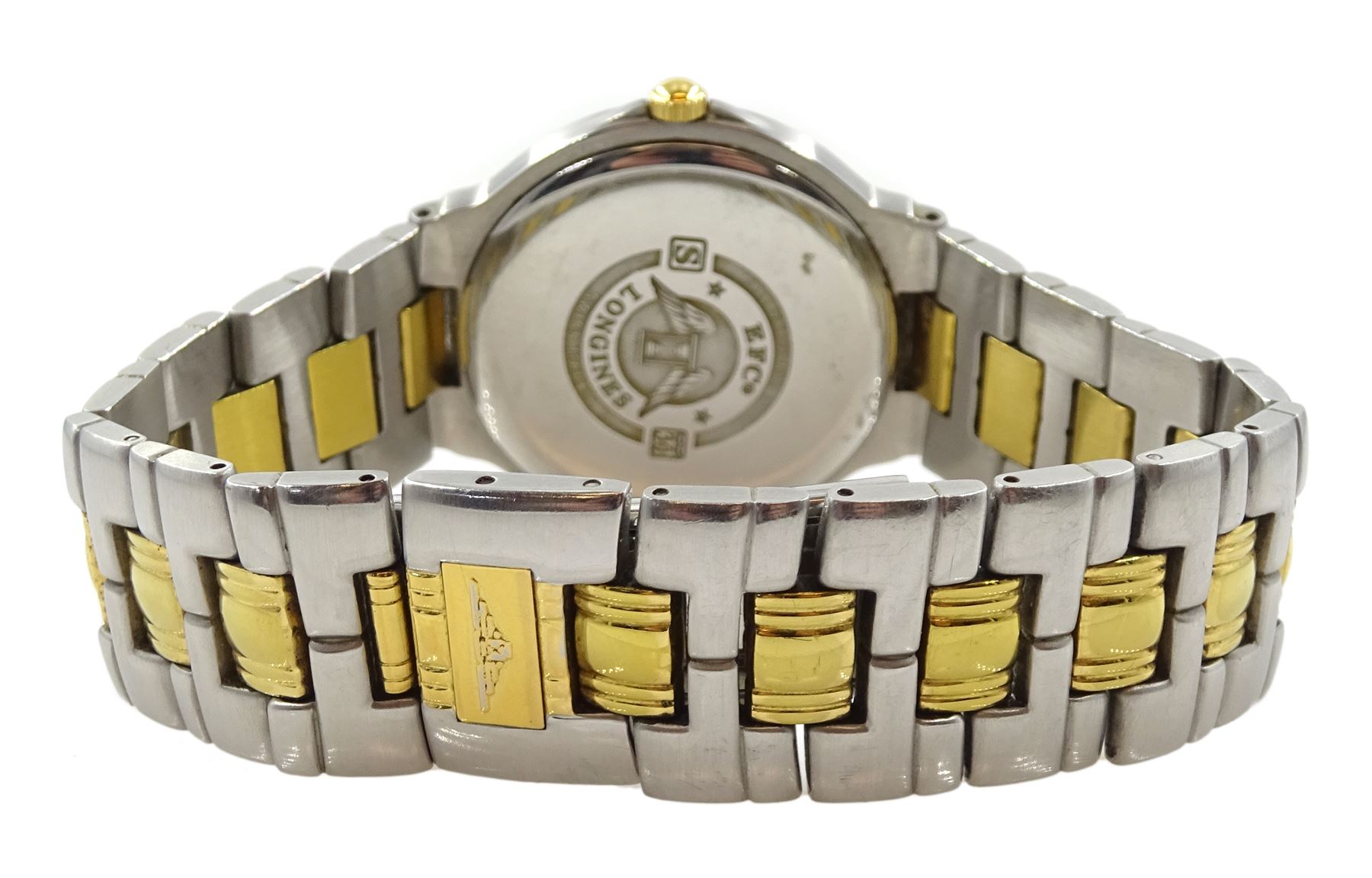 Longinges Flagship quartz two tone stainless steel bracelet wristwatch No. L5 651 3, with date aperture, boxed with papers and additional link