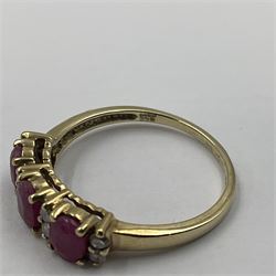 9ct gold three stone oval ruby and cubic zirconia ring, hallmarked and boxed 