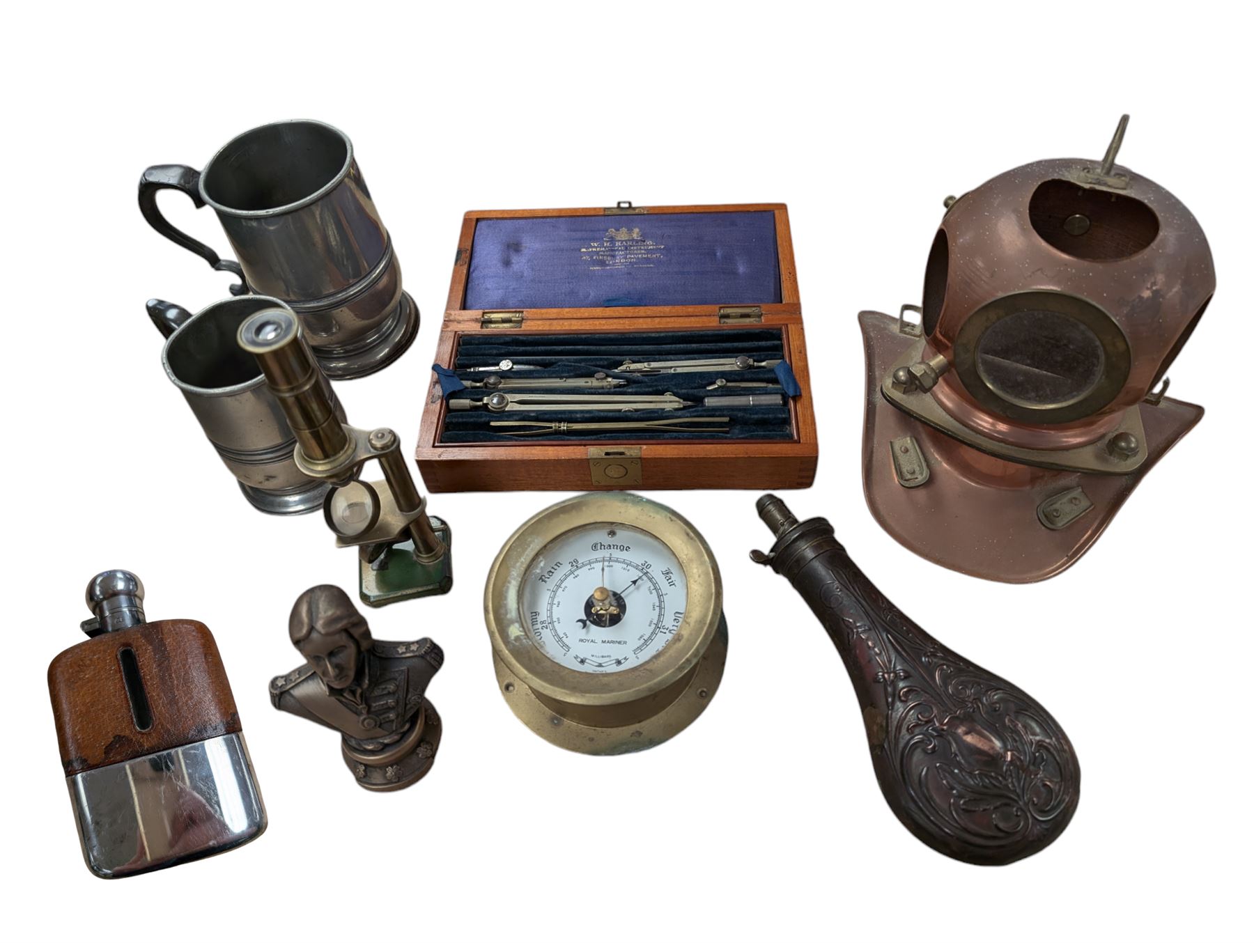 Reproduction miniature copper diving helmet, silver plated hip flask, early 20th century writing set by W.H. Harling, powder flask, two pewter tankards, etc