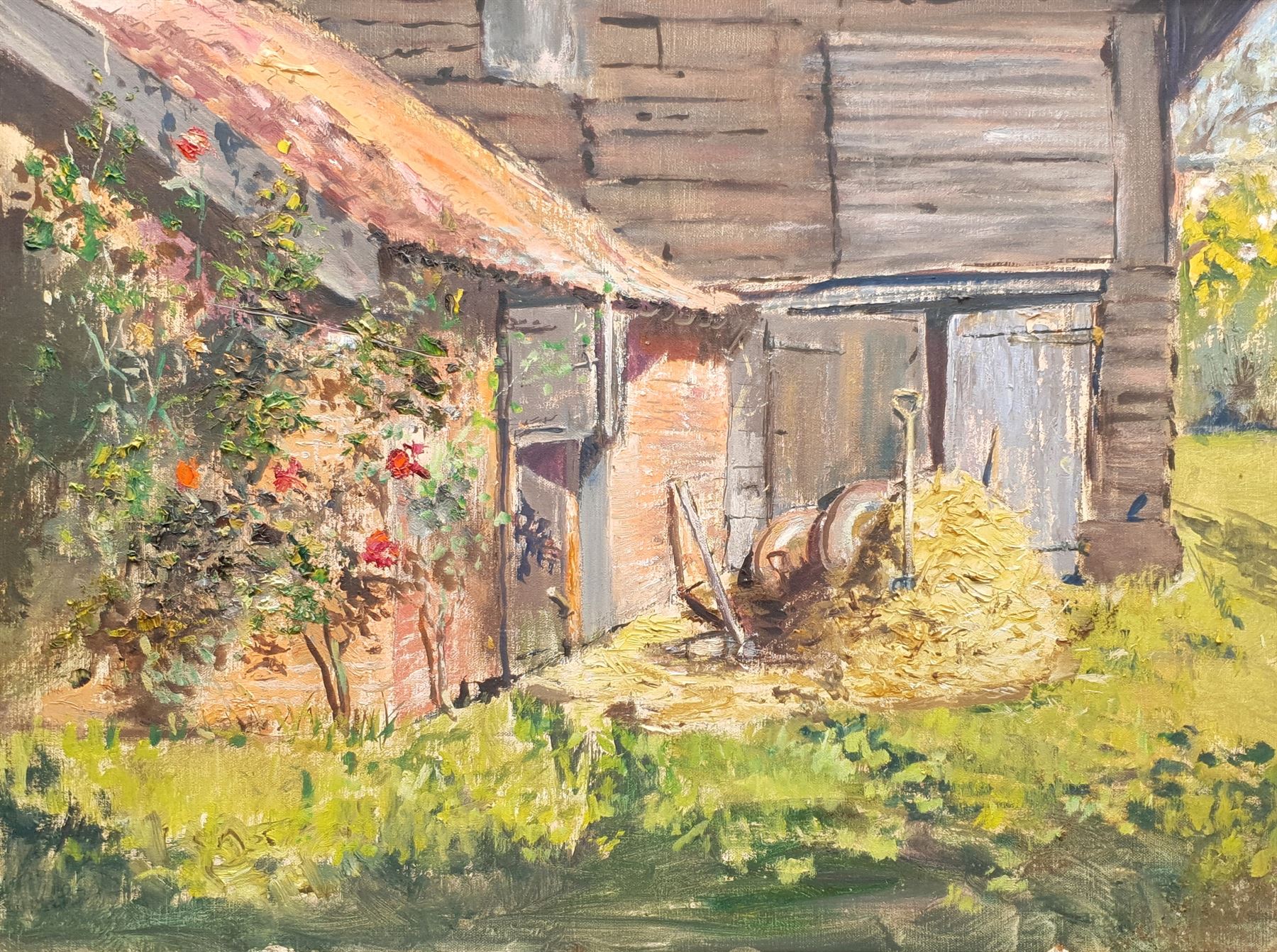 Dorothy P Swanton (neé Tuck) (British 1929-?): 'Piggery Pitcher's Farm' Norfolk, oil on canvas signed and titled on label verso 44cm x 60cm