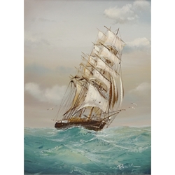  Clippers at Sea, pair 20th century oils on canvas signed by Baill, Sea Battle, oil indistinctly signed and Harbour Scene, oil signed W. Jones max 30cm x 40cm (4)  