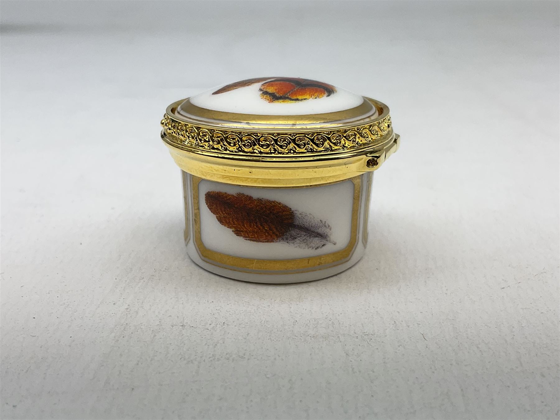 Royal Worcester porcelain pill box from The Connoisseur Collection, Flight Feathers, boxed