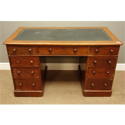  Victorian mahogany twin pedestal desk, moulded rectangular top with inset writing surface, above nine drawers, plinth base, W122cm, H70cm, D64cm  