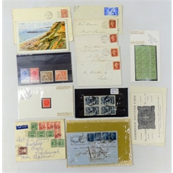  Collection of Queen Victoria and later stamps and postal history including four Queen Victoria perf 2d blues on wrapper addressed to Paris, perf penny reds on covers, King George V 1/2d green mint block of twelve, block of four used 10/- seahorses, 1d scarlet unmounted mint error stamp, Australian stamps on cover etc   