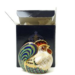 Four Royal Crown derby paperweight comprising Farmyard Cockerel 4504/5000, Farmyard Hen 4115/5000, both boxed and with certificates, Golden Carp and Jenny Wren, all with gold stoppers (4)