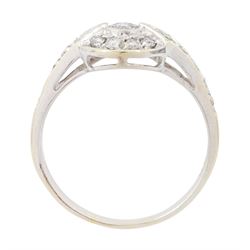 18ct gold diamond cluster ring, milgrain set with round brilliant cut diamonds and diamond set shoulders, Sheffield 2004, total diamond weight 0.50 carat