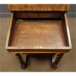  Victorian inlaid walnut Davenport, pen compartment above sloped hinged leather inset top, four drawers to one side and four false to reverse, open rope twist supports on turned feet, W54cm, H85cm, D52cm  