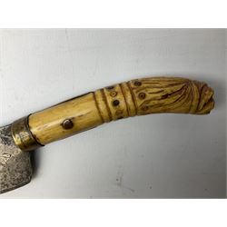 Mid-19th century Singhalese knife pia kaetta, the 15cm steel blade with punched decoration and inset yellow metal disc, and carved pistol grip, in plain wooden scabbard L25.5cm overall