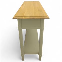 John Lewis - contemporary painted console table, rectangular oak top over single frieze drawer with turned knob handles, raised on four turned supports with lower platform shelf