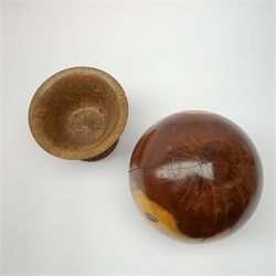 A yew wood sphere, together with a burr cedar stand, overall H22cm.
