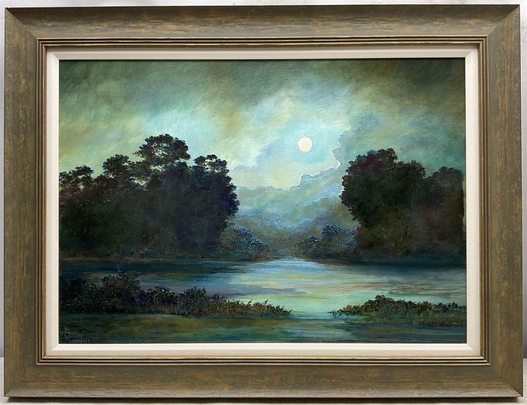 Bruce Kendall (British Contemporary): 'The Wizard Moon', oil on canvas board signed, titled verso 41cm x 59cm