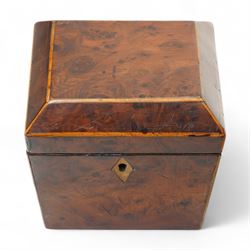 Georgian era single compartment burr yew wood tea caddy, of tapered square form, H12cm