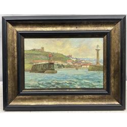 Michelle Saunders (British 1963-): 'Entering Whitby', oil on board signed, titled verso 19cm x 29cm