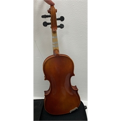 Three modern graduated violins - Suzuki 1/10 size child's violin with 23.5cm single piece back, bears label serial no.94282, 40cm overall; copy of Antonius Sradivarius of Cremona violin dated 1998 with 28cm two-piece back, 47cm overall; and Strobel violin with 35.5cm two-piece back, bears label dated 2006, serial no.512801325, 59cm overall. All cased with bows (3)