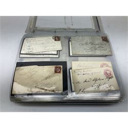 Queen Victoria and later postal history, including small number of pre-stamp items,  penny red stamps on covers and letters, with imperfs and perfs, singles and multiples, mourning covers, various postmarks and cancels including 'London 6 AU 8 59', 'Sheffield FE28 1857 F' etc, four imperf two pence blues on cover, approximately 170 items in total