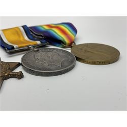WWI group of three medals comprising 1914-15 Star, British War Medal and Victory Medal awarded to G-6435 Pte. R.J. Irons E. Kent R.; with Royal West Kent cap badge and manuscript regimental testimonial to L/C R. Gould R.W. Kent Regt.