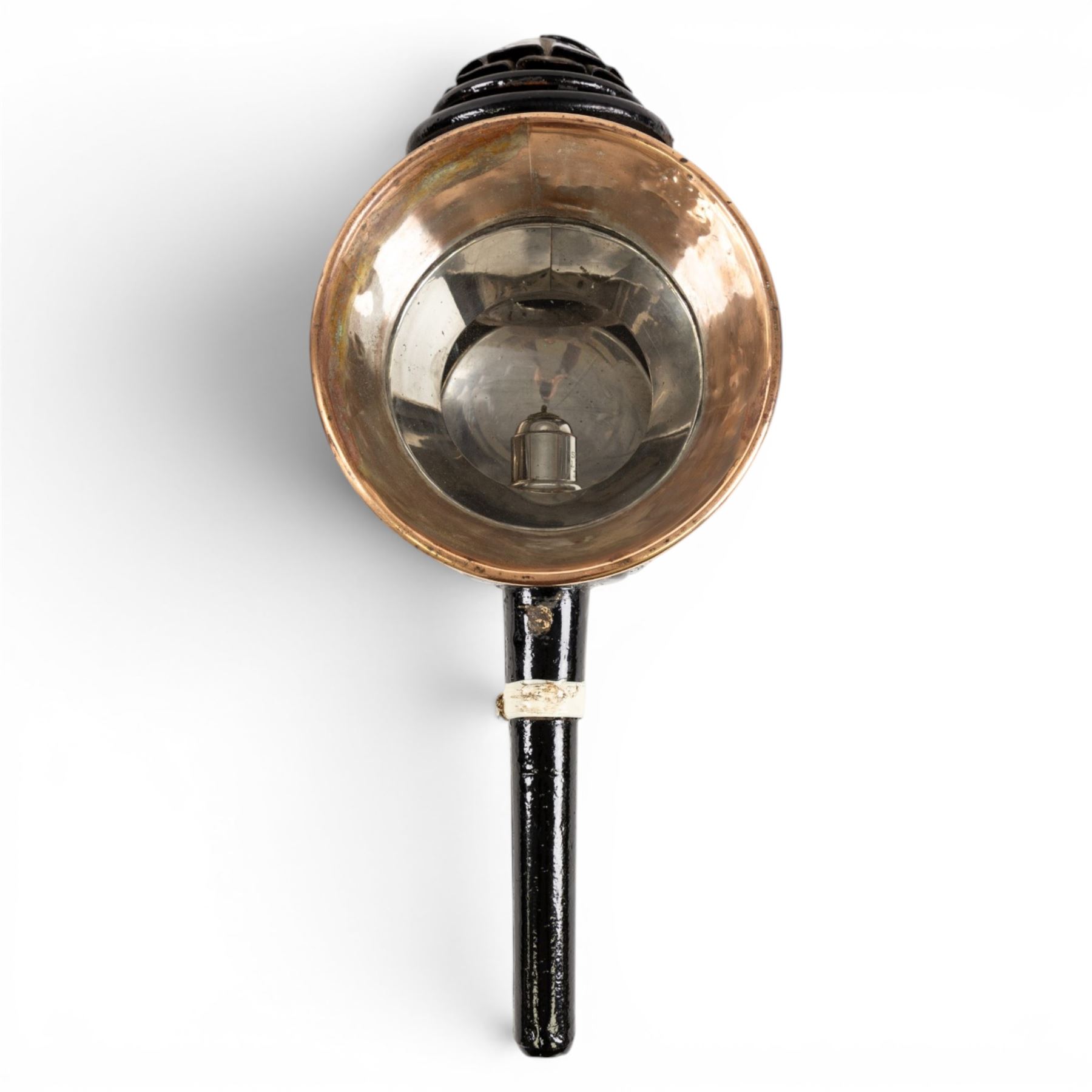Shanks (London) - good pair of silver plated and toleware carriage lamps, gilded circular housing, bevelled side glass, maker engraved to candle mount