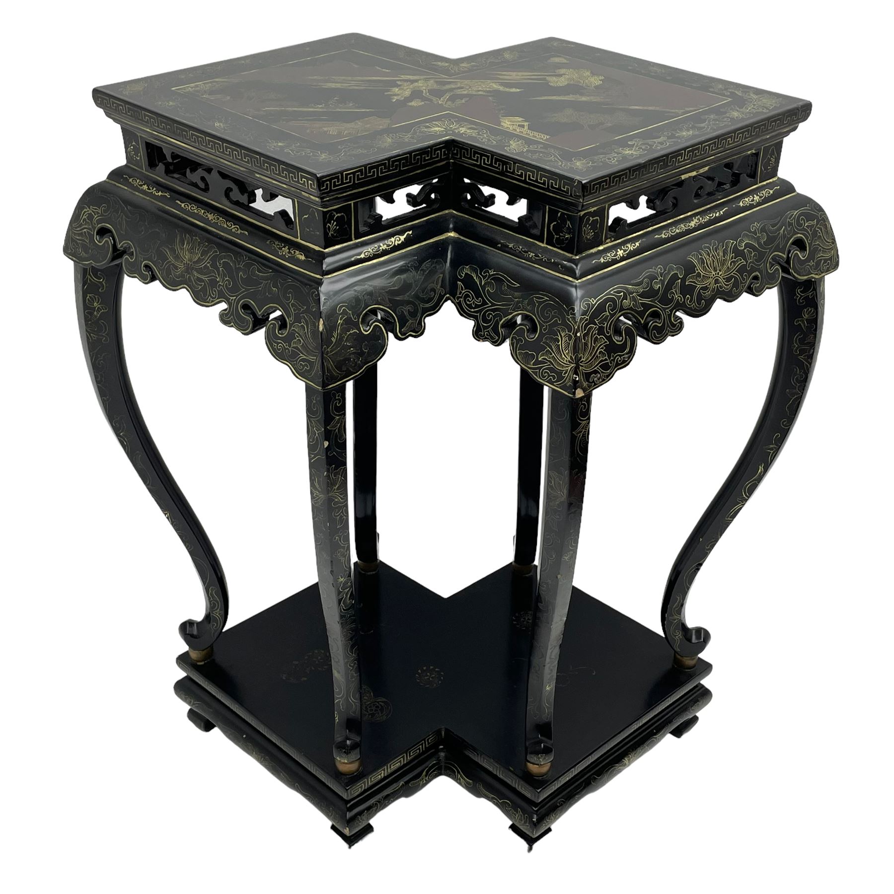 Chinese black lacquer double jardinière stand, the double-lozenge top painted with traditional landscape scenes within a gilt strung border, the pierced frieze with trailing foliate decoration and geometric patterns over the shaped projecting apron, supported on six cabriole supports united by a hexagonal undertier, raised on compressed spade feet