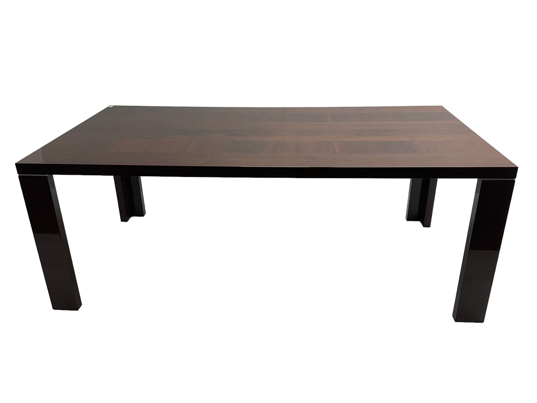 Large American walnut rectangular dining table on square block supports, together with set eight high back dining chairs with cream upholstered seats, the top and chair backs with matching inlaid geometric banding