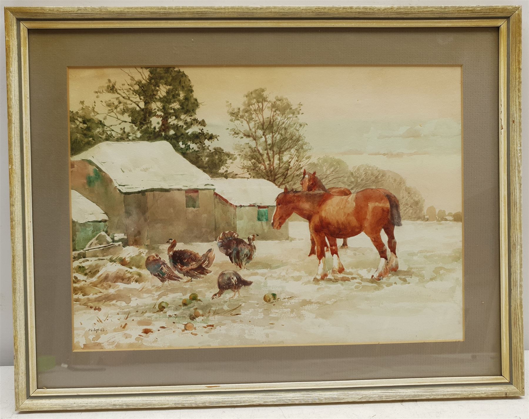 John Guttridge Sykes (British 1866-1941): Horses and Turkeys in a Snowy Farmyard, watercolour signed 25cm x 34cm