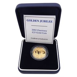 Queen Elizabeth II Bailiwick of Guernsey 2002 gold twenty-five pounds coin, cased with certificate