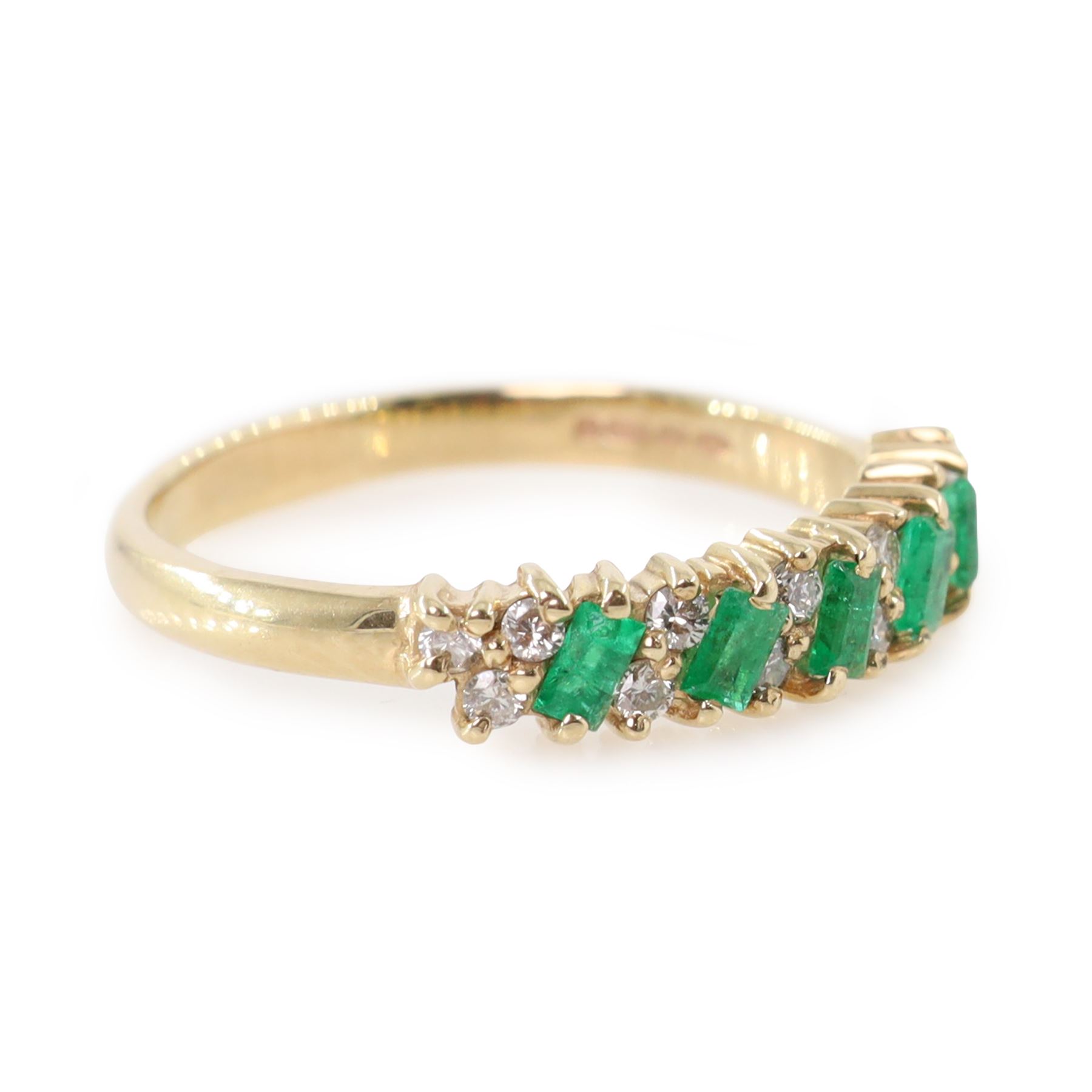 9ct gold emerald and diamond ring, set with five baguette cut emeralds and fourteen round brilliant cut diamonds, hallmarked 
