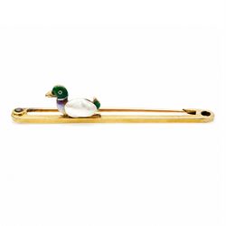 Early 20th century gold pearl and enamel duck brooch, stamped 15ct