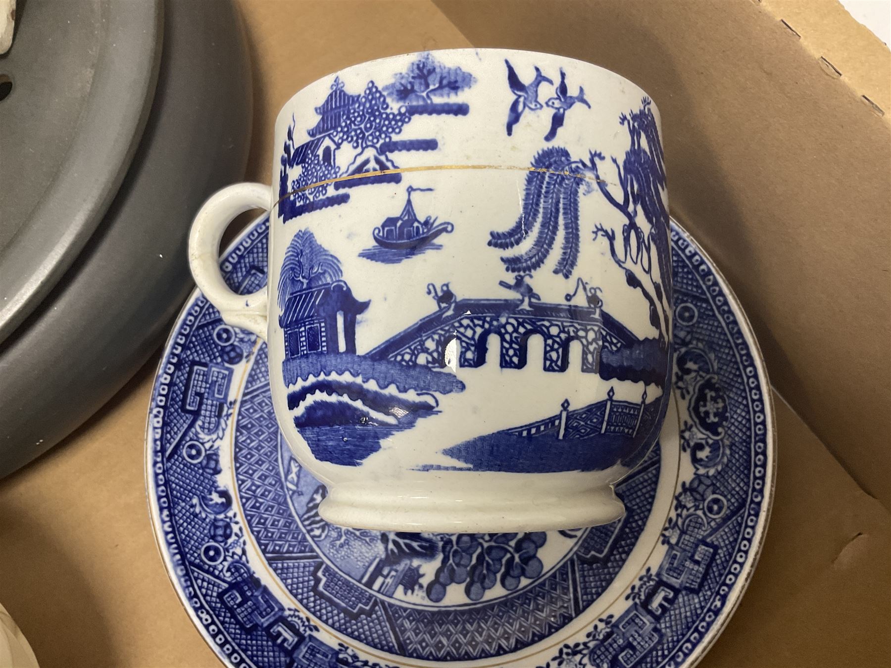 19th century English blue and white transfer large novelty teacup and