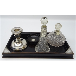  Edwardian ebony and silver mounted desk stand, H F Daltrey & Co, 1901, with matching bowl, silver dwarf candlestick, Edwardian cut glass and silver scent bottle and one other (5)  