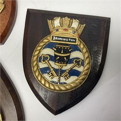 Six Naval wall shields, including HMS President, Vanguard, HMS Kilmorey etc, and another plaque 