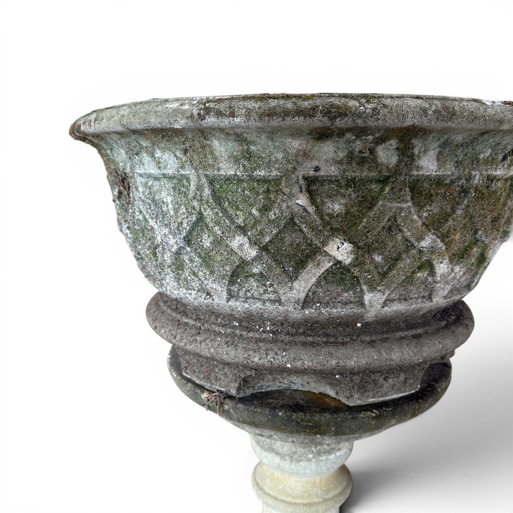Large circular cast stone planter, and a small lattice planter on raised column