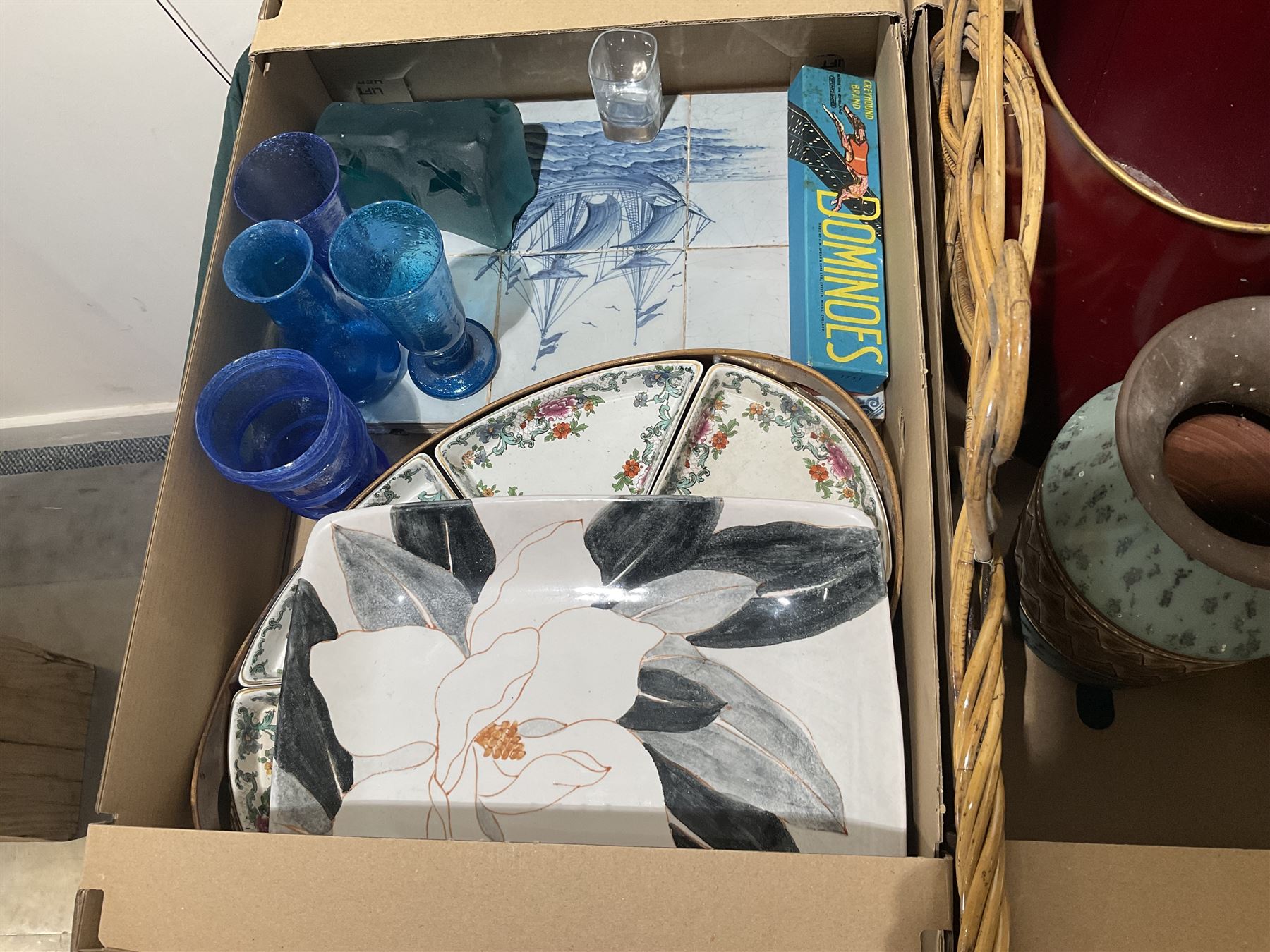 Delft tile shipping scene, lacquered tray painted with flowers, painted planter, carpet beater, West German jug, Canada goose paperweight etc, contents in two boxes