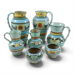 Hartrox Stoneware, comprising five jugs and two bowls, all with green, blue, yellow and or...