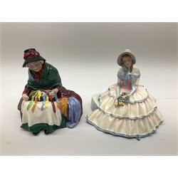 Group of figures, comprising six Royal Doulton examples, Daydreams HN1731, Silks and Ribbons HN2017, Tom Sawyer HN2926, Marie HN1370, Bo-Peep HN1811, and Tinkle Bell HN1677, together with a Dresden type 'lace' example, and a Coalport 'Swiss Cottage', (8)