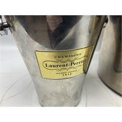 Stainless steel Laurent-Perrier champagne bucket, with engraved brass plaque and grip to swing handle, together with two matching smaller, largest D38cm (3)