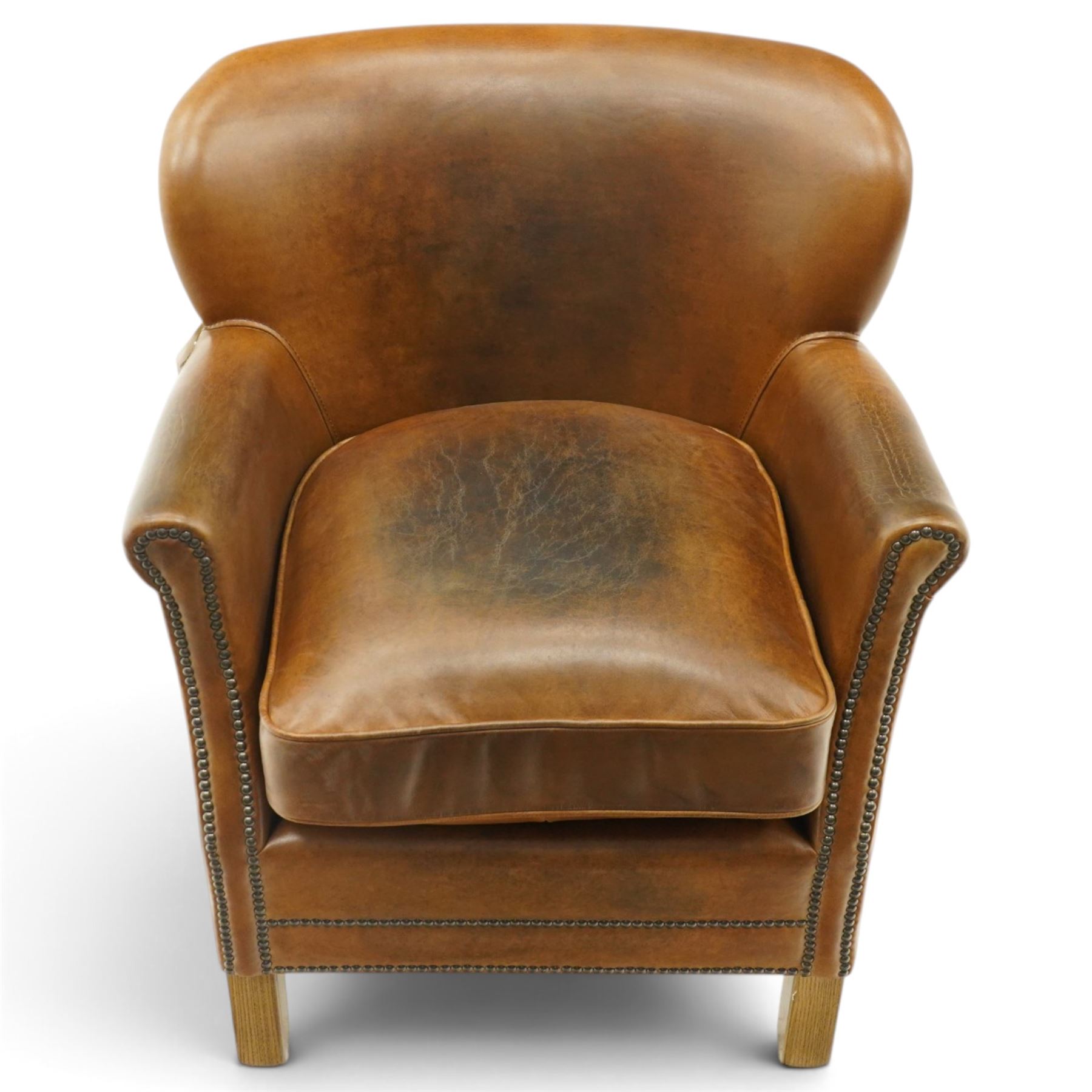 Halo - traditional tub design 'Cosy' club armchair, rolled arms with studwork terminals, upholstered in deep tan leather with loose seat cushion, on square supports