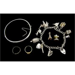 Silver charm bracelet, charms including articulated turtle, elephant and dancer, 18ct gold ring setting, silver bangle, two loose charms and a 9ct gold signet ring