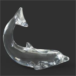 Daum-20th century clear glass sculpture of Madonna and Child H29cm, Daum glass dish in the form of a bird in flight L47cm and a Baccarat model of a dolphin L13cm (3)