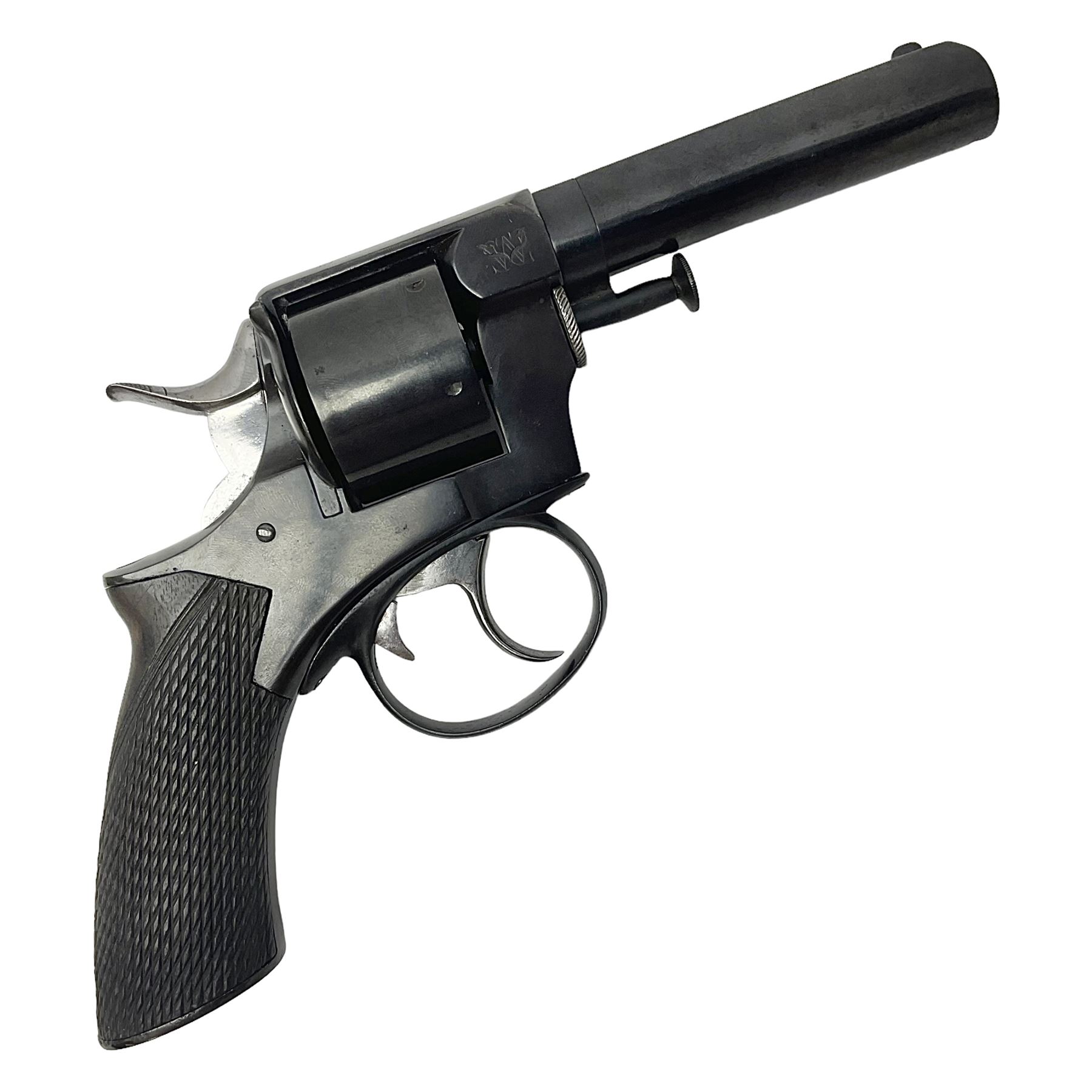 Scarce Webley & Scott .430 short six-shot revolver retailed by S.W. Silver & Co of Cornhill, London; round barrel with captive swivel ejector under; chequered walnut one-piece grip; numbered 12627 with various maker's marks L26cm overall; in fitted oak case with trade label to lid, cleaning rod, screw-driver and oil bottle