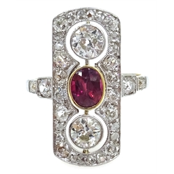  18ct gold and platinum (tested) ruby and old cut diamond panel ring  