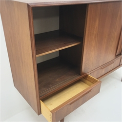 Danish teak side cabinet,  three sliding doors above three drawers, turned tapering supports, W166cm, H112cm, D44cm