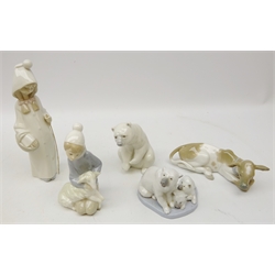  Five pieces of Lladro - Polar Bear no. 1205, Family of Polar Bears no. 5434, Calf no. 4680 and two figures no. 4678 all boxed (5)  