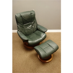  Ekornes Stressless swivel reclining armchair upholstered in green leather with matching footstool  