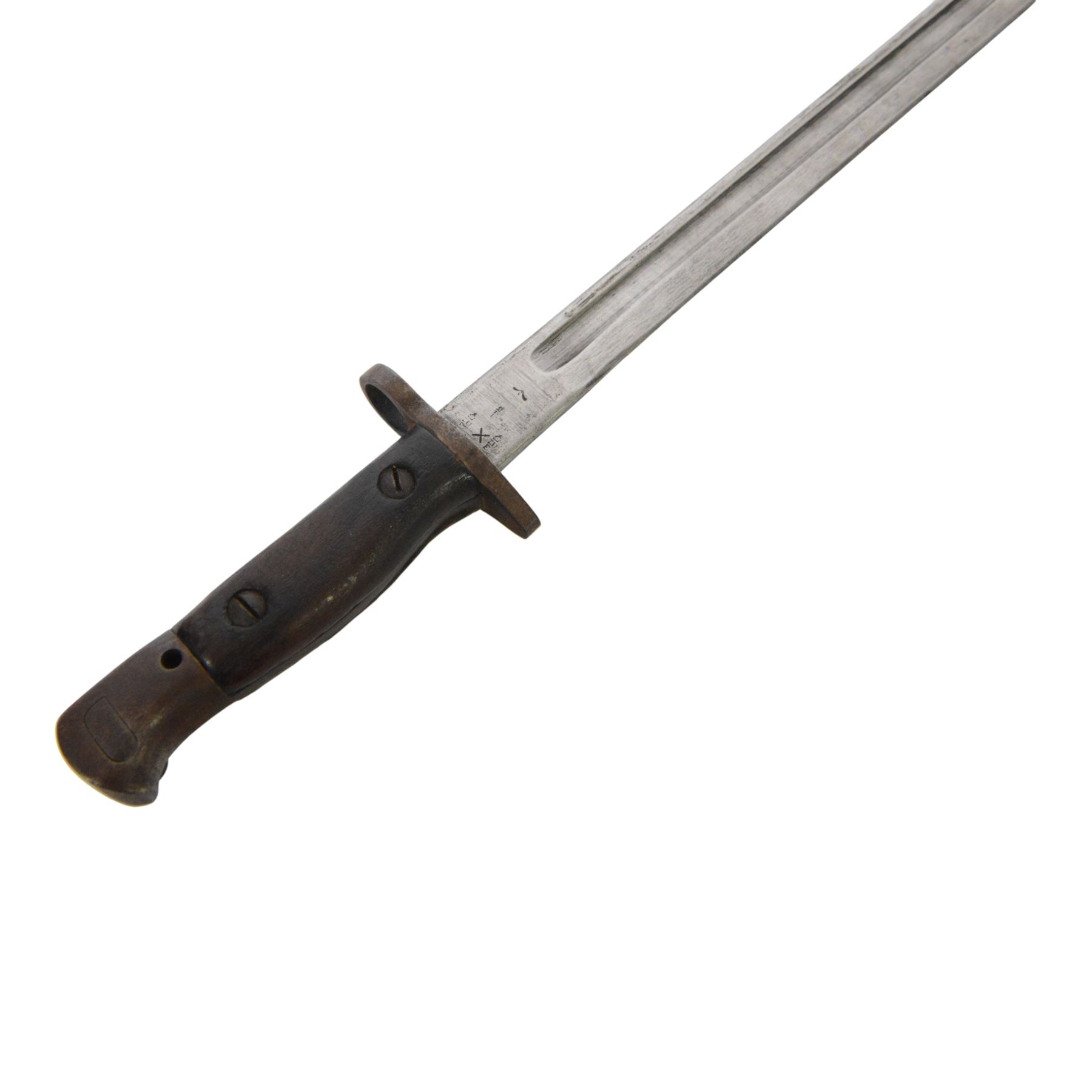 British bayonet, the 44cm blade stamped to the the ricasso Sanders, with wooden two piece grip,  in a steel scabbard with canvas frog, overall L58cm
