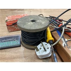 Six shelved cabinets for displaying ‘00’ gauge locomotives comprising plain plywood and white painted examples with track applied to various shelves, largest H63cm, W107cm, D27cm; Collection of tools for building model locomotives to include Weller PU-2D Soldering Pencil and Standard Tip Soldering Iron 20W/230V, Humbrol Modellers Airbrush, Power Supply Units and two wooden chests one of which housing a collection of tools including tweezers, scalping tools, wrenches etc 