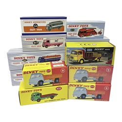 Dinky (Atlas Editions) - thirteen commercial vehicles comprising two x Foden 14-Ton Tanker No.942; two x Guy Van Spratts No.917; two Guy Van Heinz No.920; Guy Van Lyons; Fire Engine No.32E; three x Bedford TK Tipper Truck No.435; Guy 'Warrior' Flat Truck No.432; and Brewery Flat Truck No.588; all mint and boxed (13)