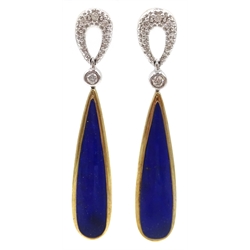  Pair of 9ct gold lapis lazuli and diamond pendant ear-rings, stamped 375  