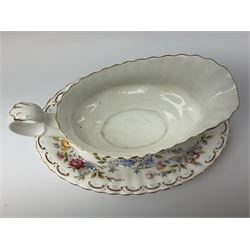 Royal Albert Old Country Roses pattern tea set, comprising teapot, coffee pot, six teacups and six saucers, five side plates, further teacup with joined saucer and side plate, open sucrier, milk jug, cake plate, and preserve pot and cover, together with Royal Albert Jubilee Rose pattern sauce boat and stand, and Royal Albert Lavender Rose pattern cake stand. 