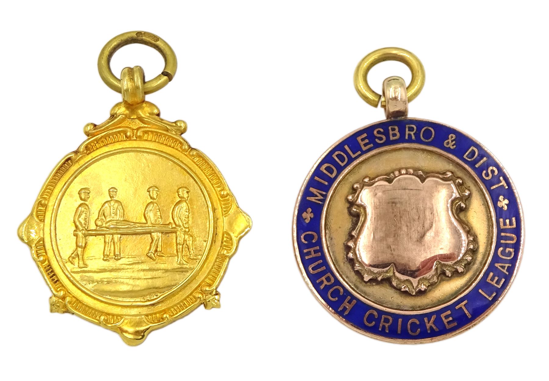Gold medical fob medallion, Birmingham 1939 and one other rose gold cricket medallion, both 9ct